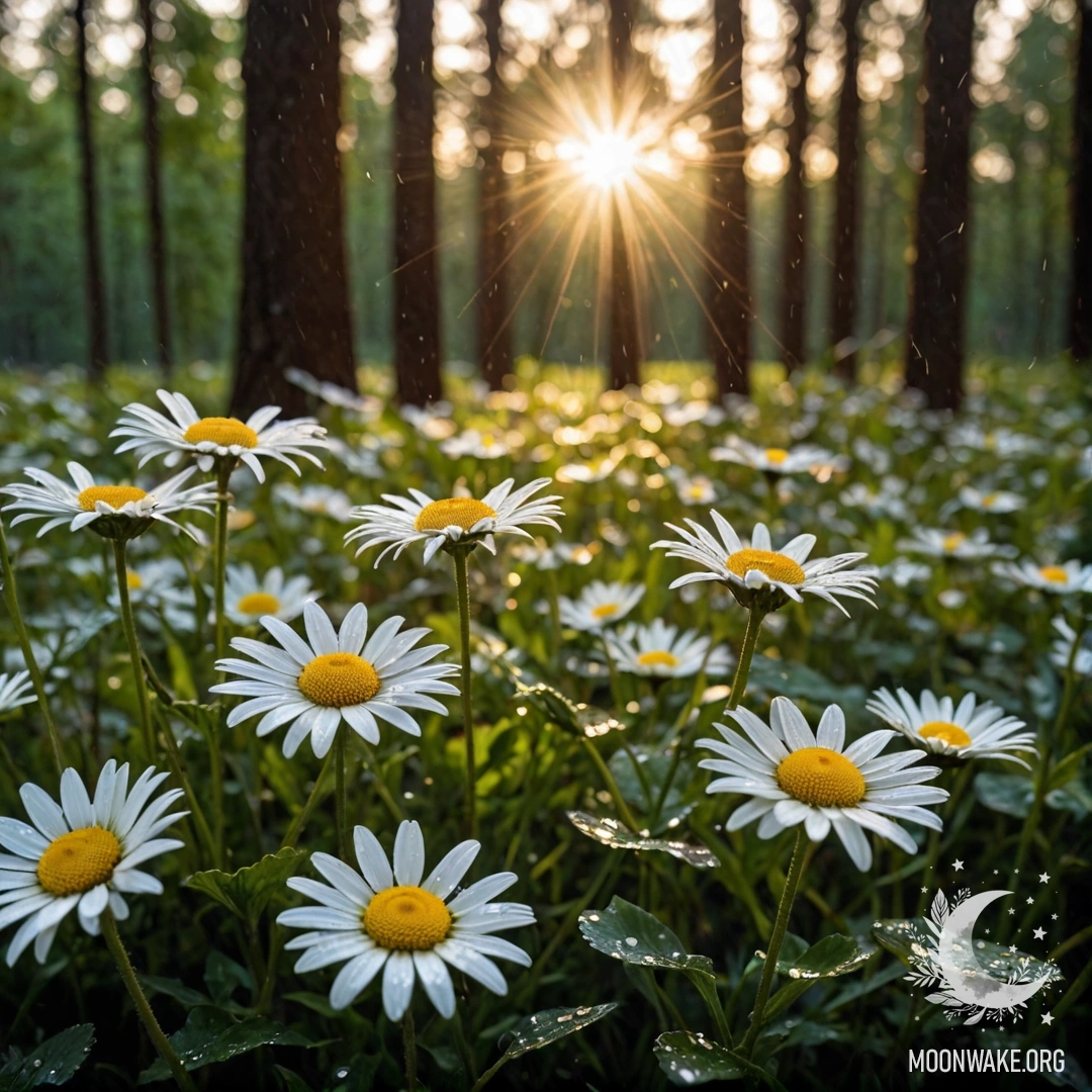 Serene Sunset Through Forest Trees Close-up of daisies under the gentle rain with sunset light filtering through trees.