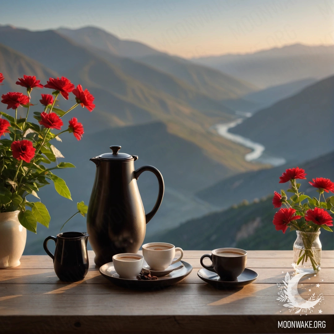 Serene Sunset with Flowers on Wooden Table A wooden table with red flowers, a coffee pot, and cups against a mountain backdrop at sunset.