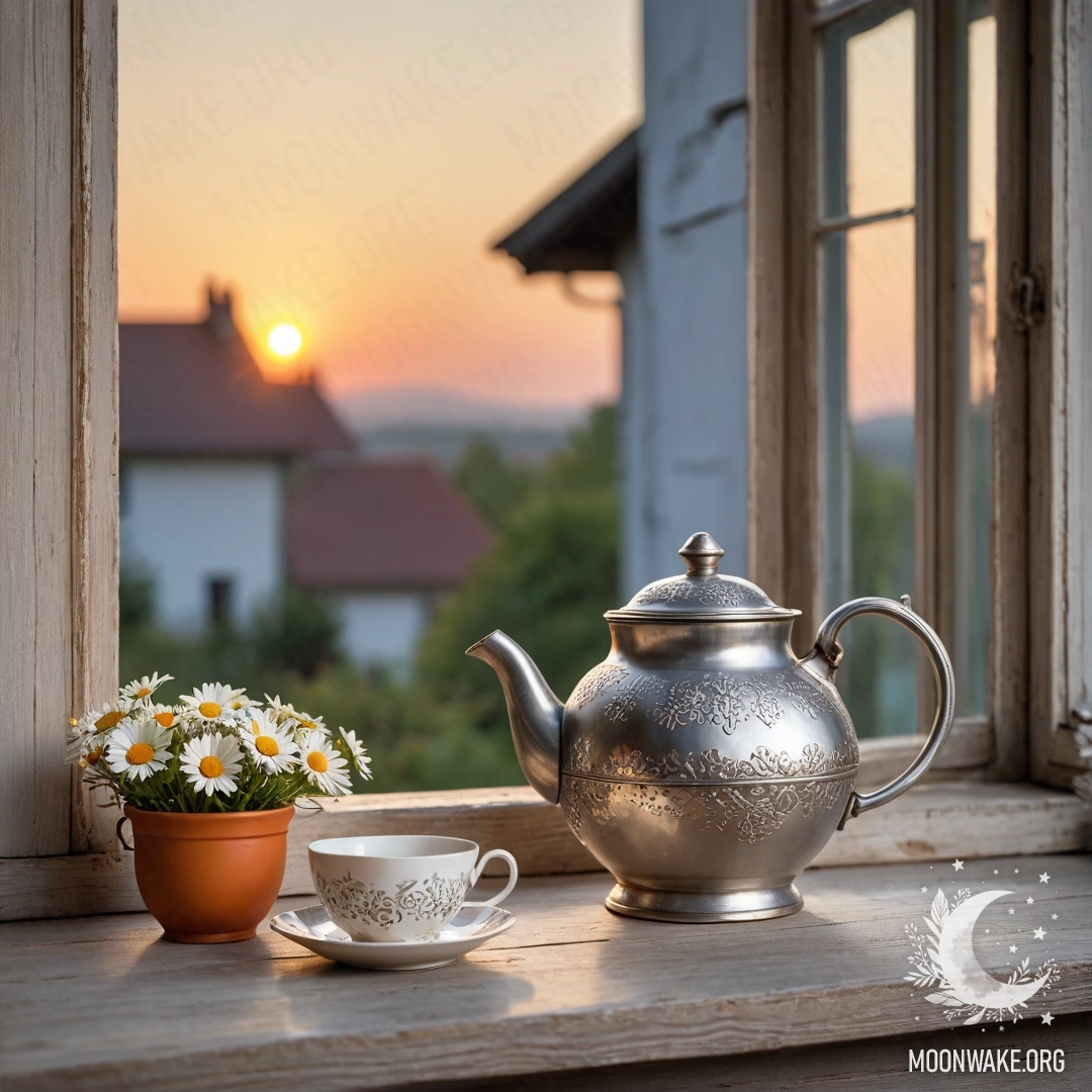 A worn wooden window sill with a metal teapot and daisies at sunset.
