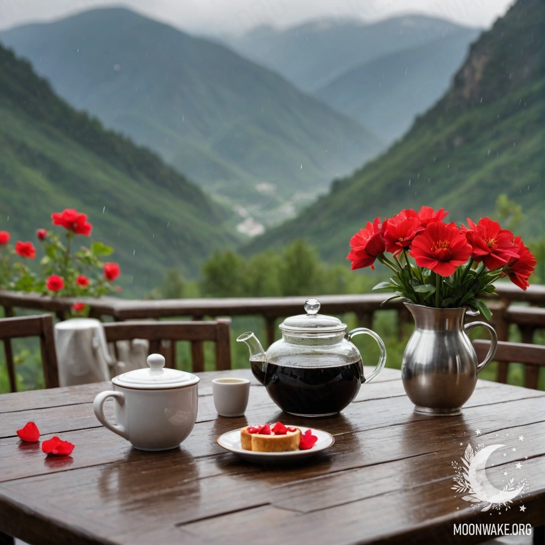 A Serene Table in the Rain A calm wooden table with red flowers, a coffee pot, and cups, set against a mountainous backdrop with rain falling.