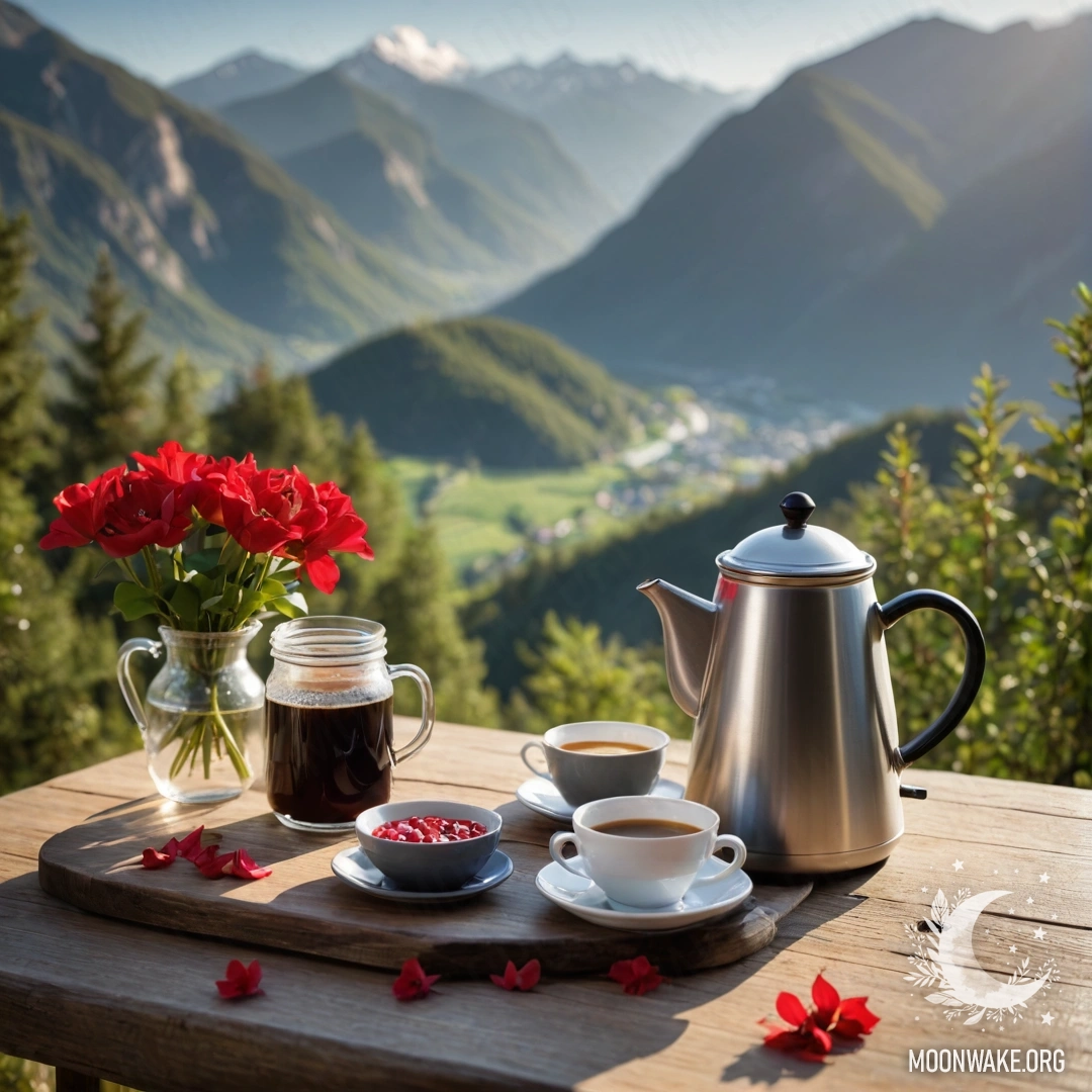 A peaceful wooden table with a jar of red flowers, coffee pot, and cups against a mountain backdrop.