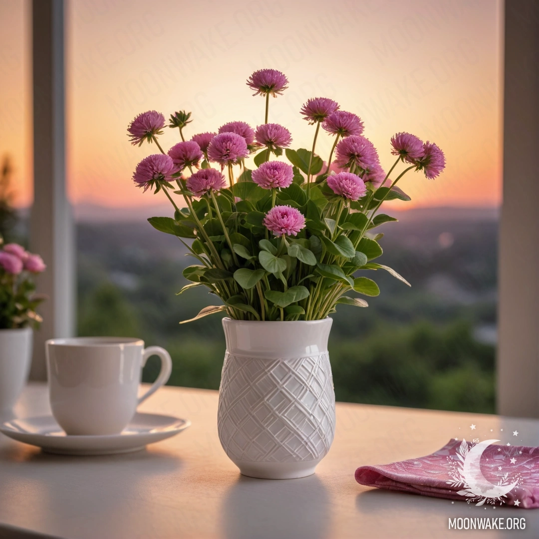 Serene Table Setting at Sunset A round straw napkin with white porcelain cups featuring a pink pattern, and a white vase with clover, viewed at sunset.