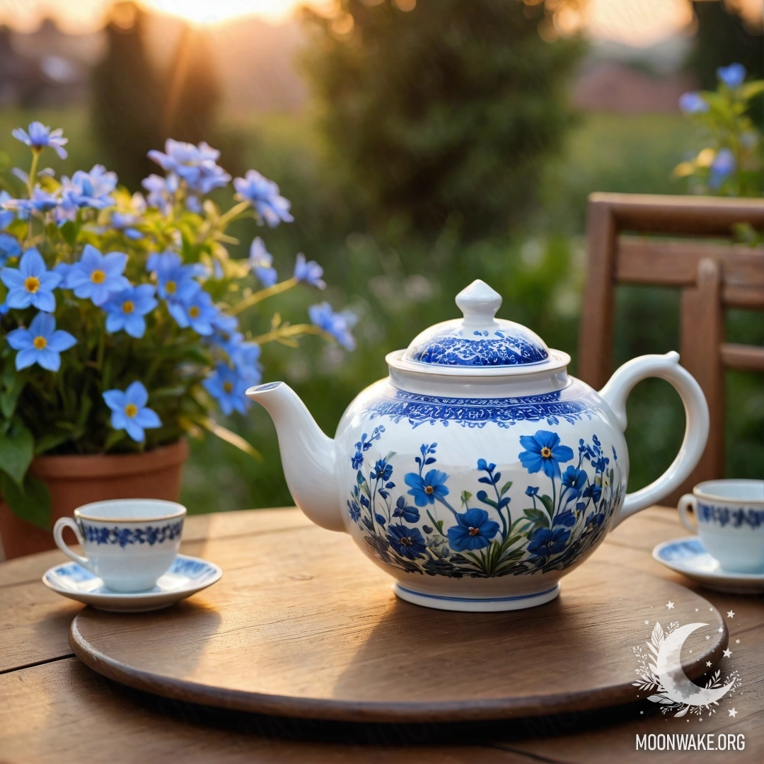 A round wooden table adorned with a porcelain teapot filled with blue flowers against a sunset backdrop.