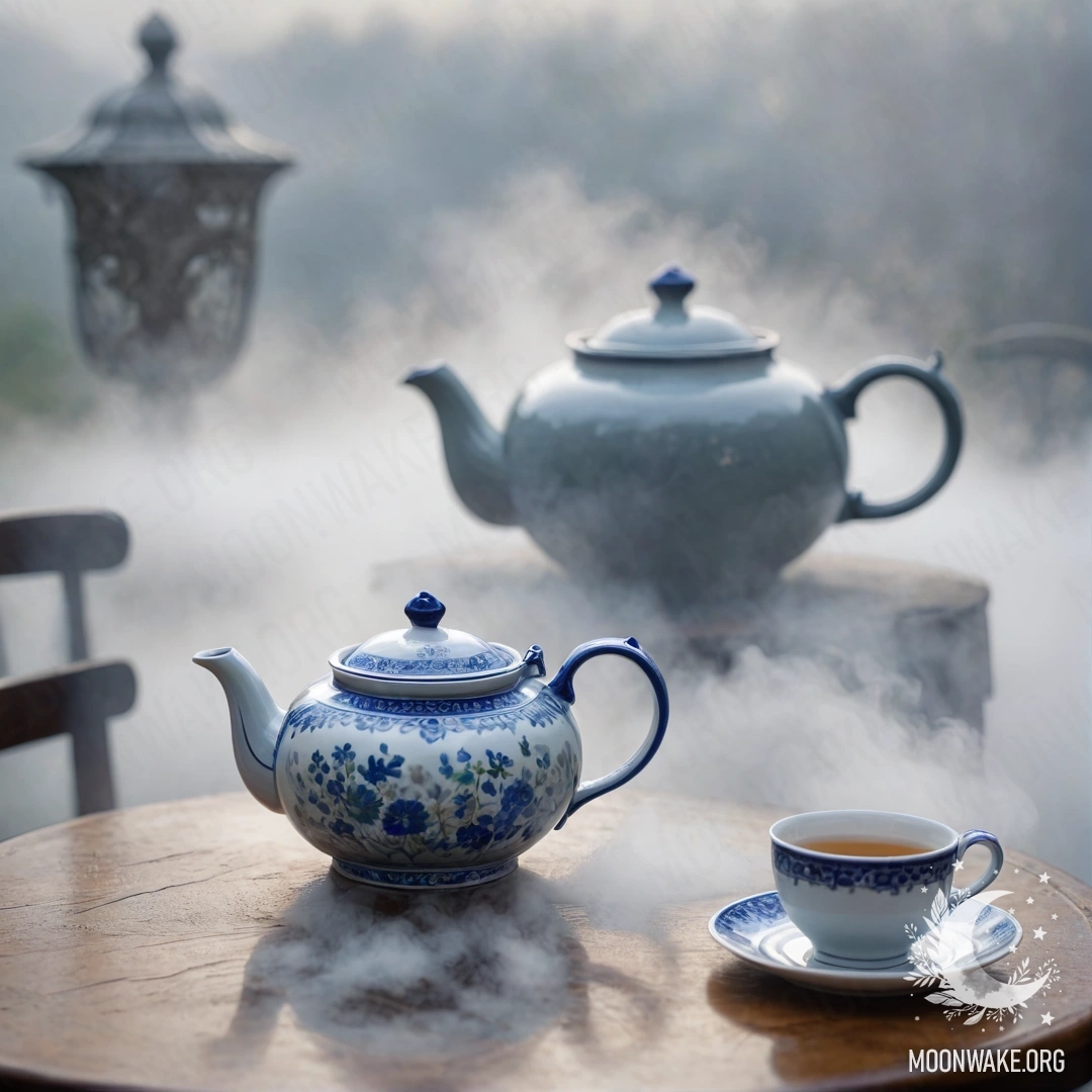 A round wooden table with a porcelain teapot adorned with blue flowers in heavy mist.
