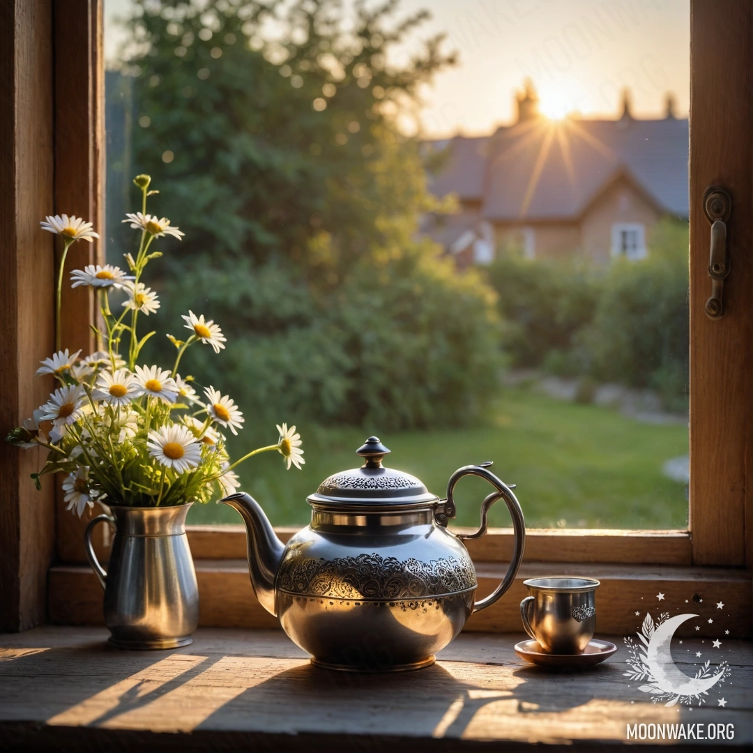 A rustic wooden window sill adorned with a metal teapot and daisies, basking in the warm glow of sunset.