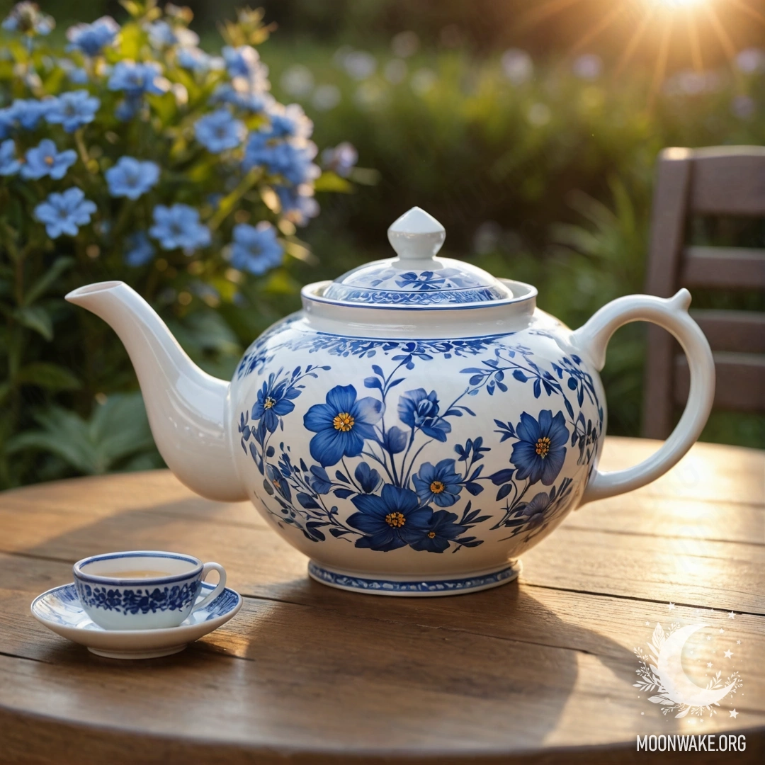A round wooden table featuring a porcelain teapot adorned with blue flowers under a sunset