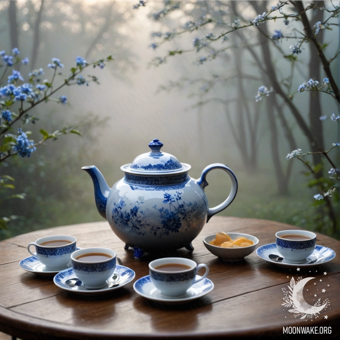 Serene Teapot with Blue Flowers in Fog A round wooden table with a porcelain teapot containing blue flowers surrounded by dense fog.
