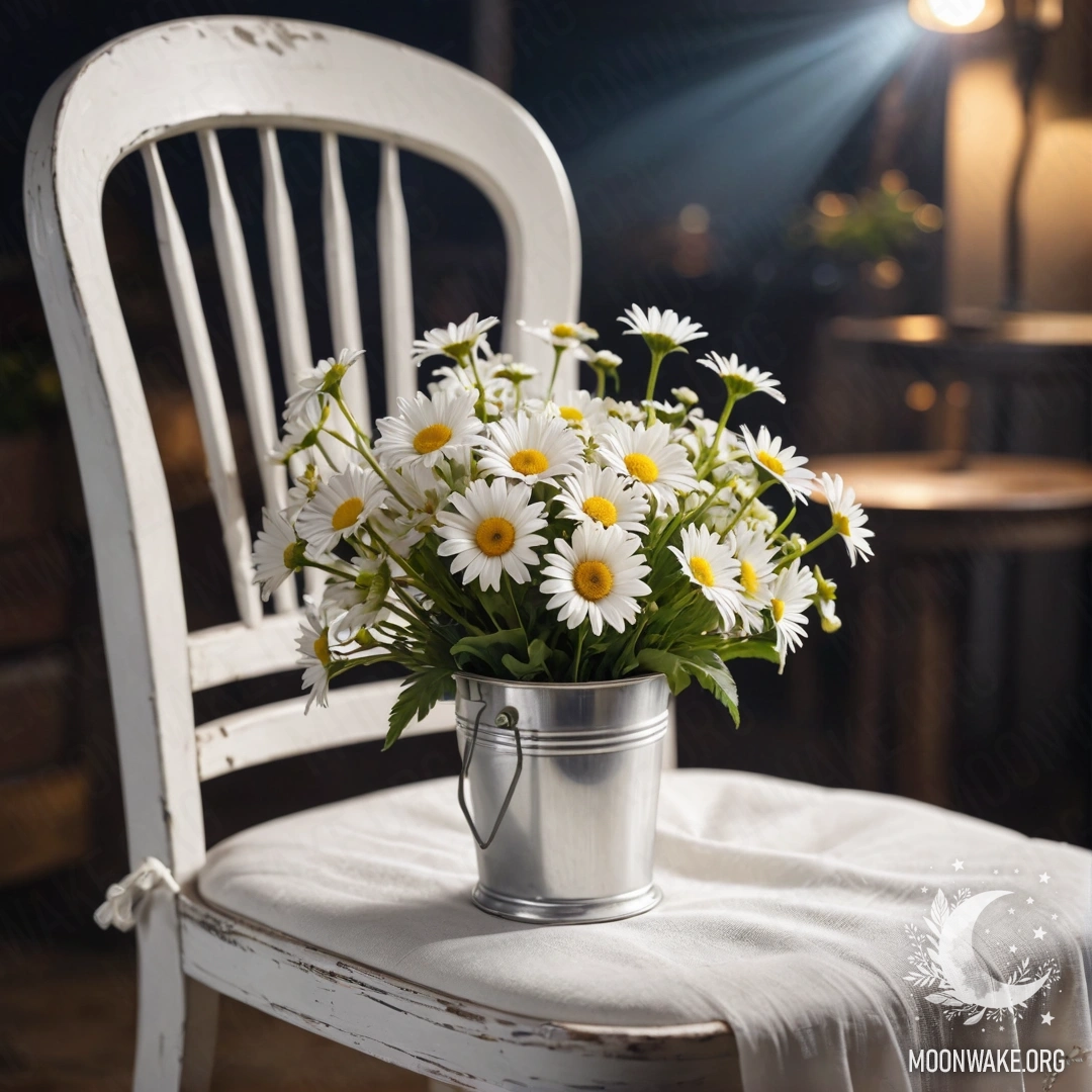 A close-up of a shabby vintage chair draped with white fabric, a cup of coffee beside it, and a white bucket holding daisies, captured at night.