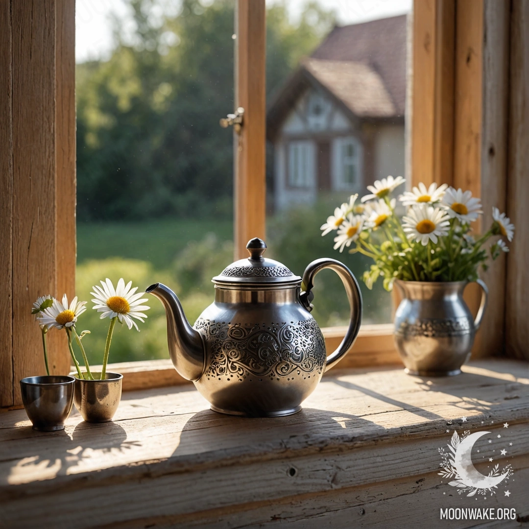 A vintage metal teapot with patterns and daisies on a wooden windowsill lit by sun rays.