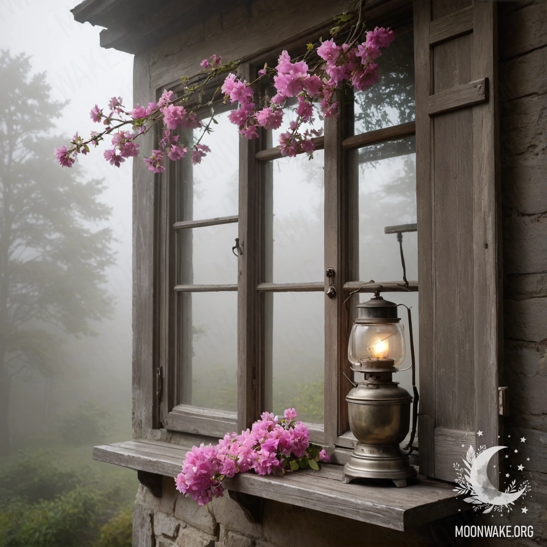 A shabby wooden window with shutters, a kerosene lamp above it, and pink flowers entwined around the window in dense fog.