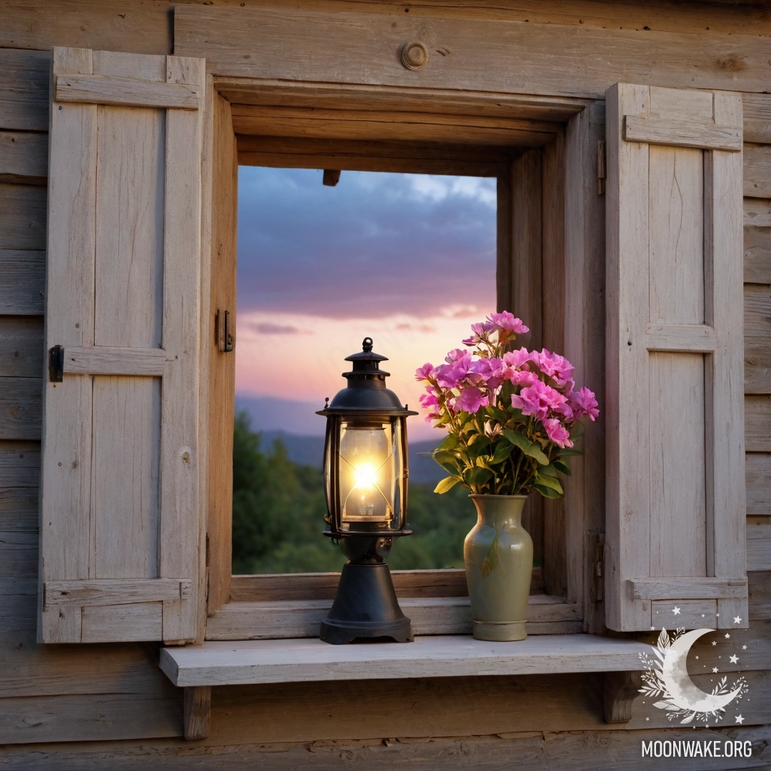 Serene Vintage Window with Blossoms A shabby wooden window adorned with pink flowers and a kerosene lamp hanging above at sunset.