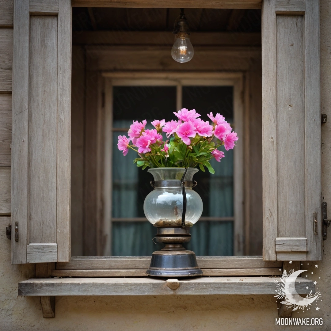 Serene Vintage Window with Blossoms A shabby wooden window with shutters, a kerosene lamp, and pink flowers.