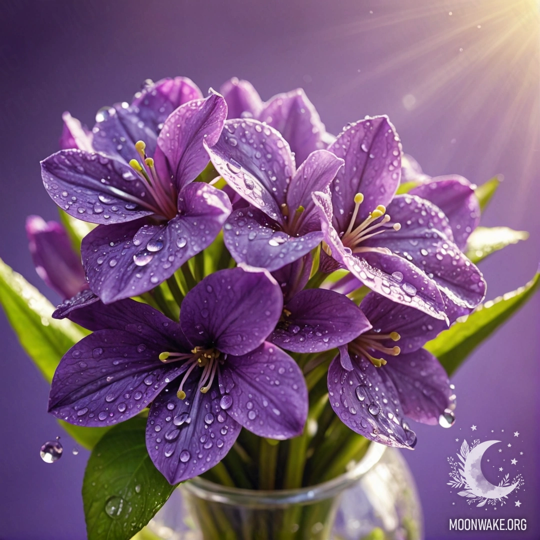 A lime-colored vase containing violet flowers adorned with dew drops, bathed in sunny rays.