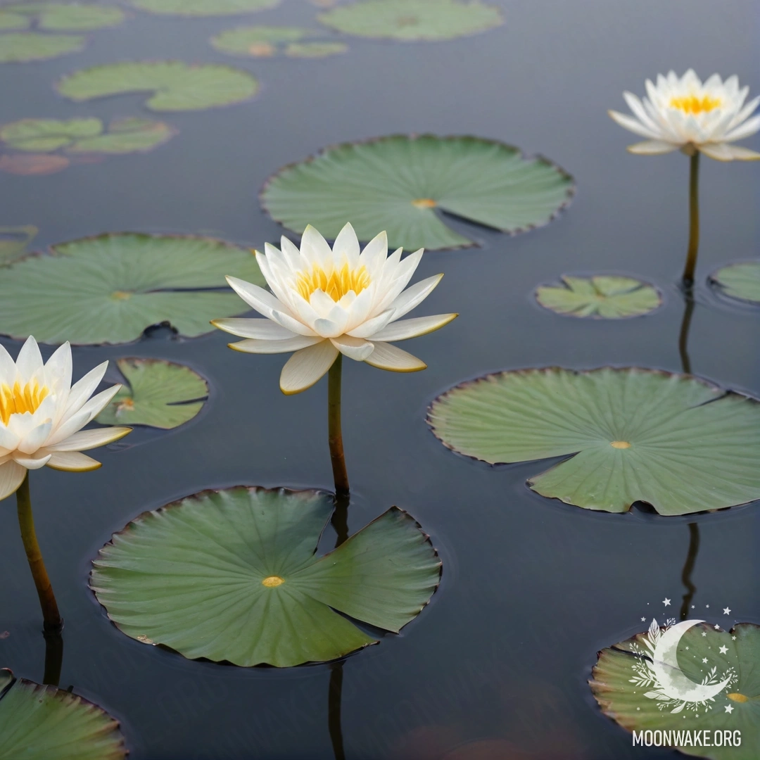 A peaceful water lily surrounded by soft fog, with patterns of Japanese calligraphy in coffee color.