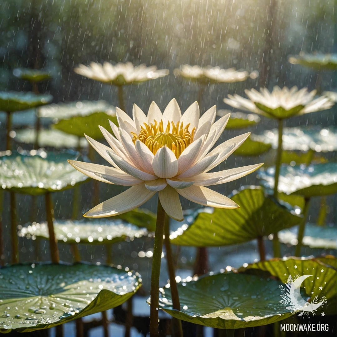 A calm water lily rests on the surface of a tranquil pond, surrounded by gentle rain, with sunny rays illuminating it.