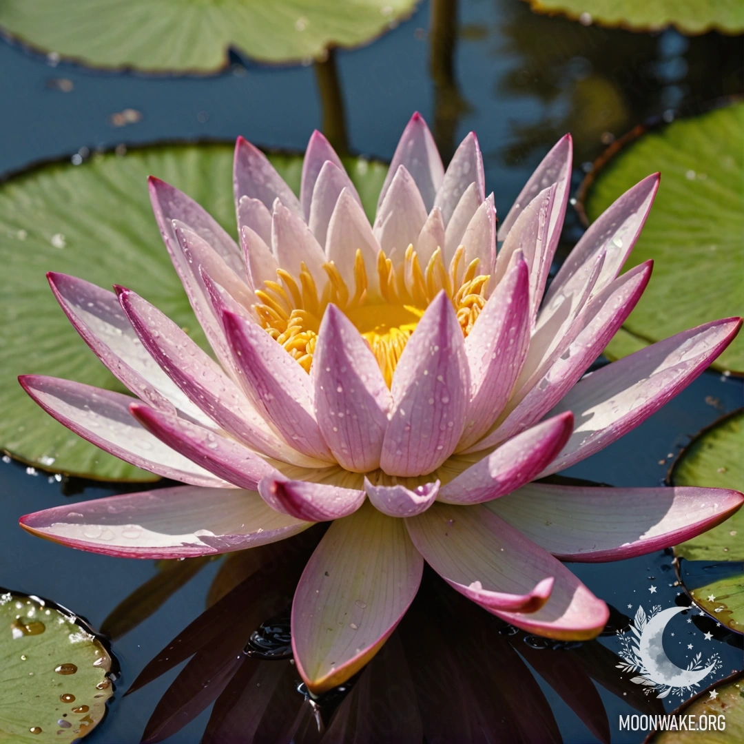 A tranquil water lily surrounded by a delicate web against a pink color splash background.