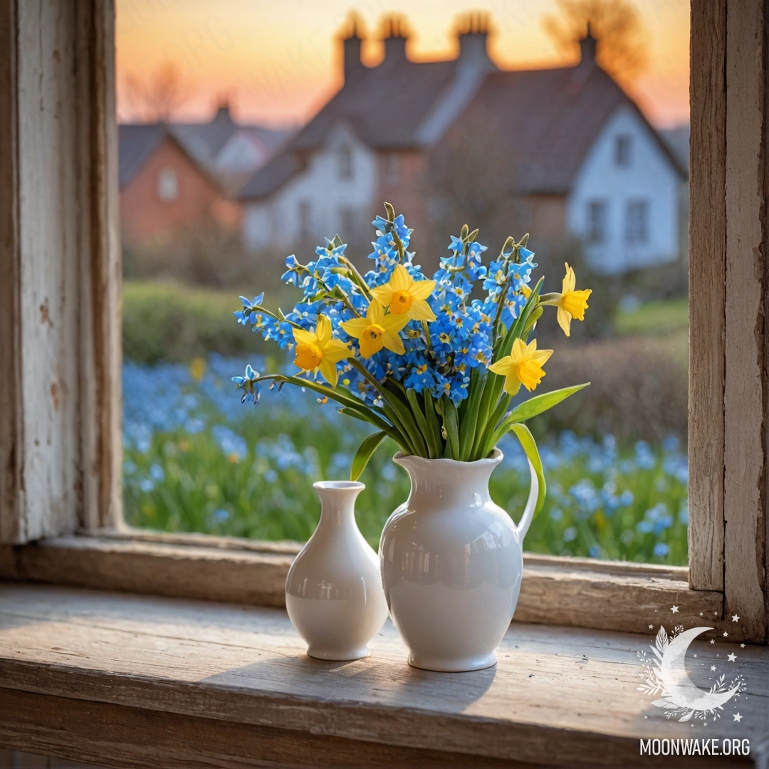 A basket filled with small white flowers on a wooden table, lit by sunlight.
