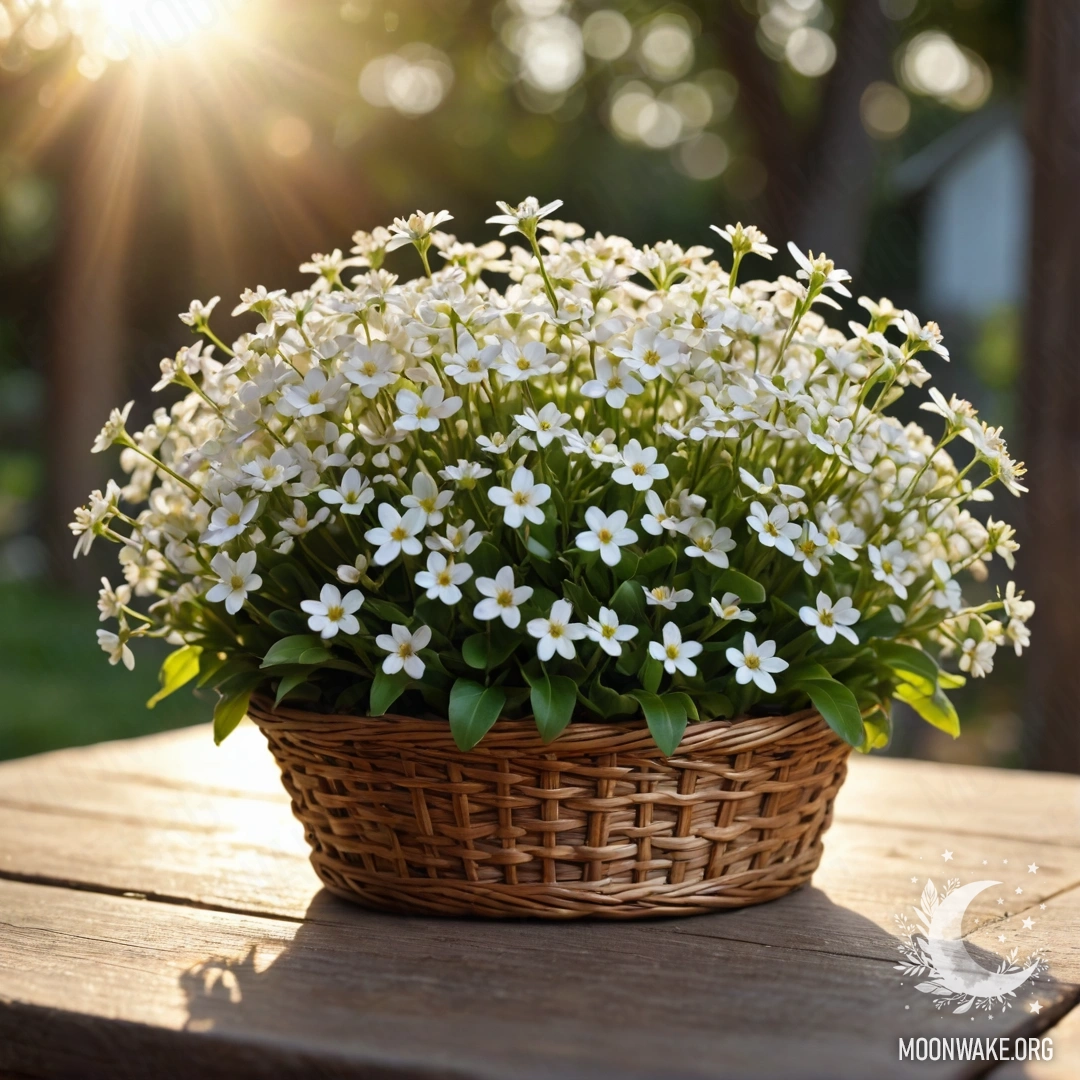 A basket filled with small white flowers on a wooden table illuminated by sunset rays.