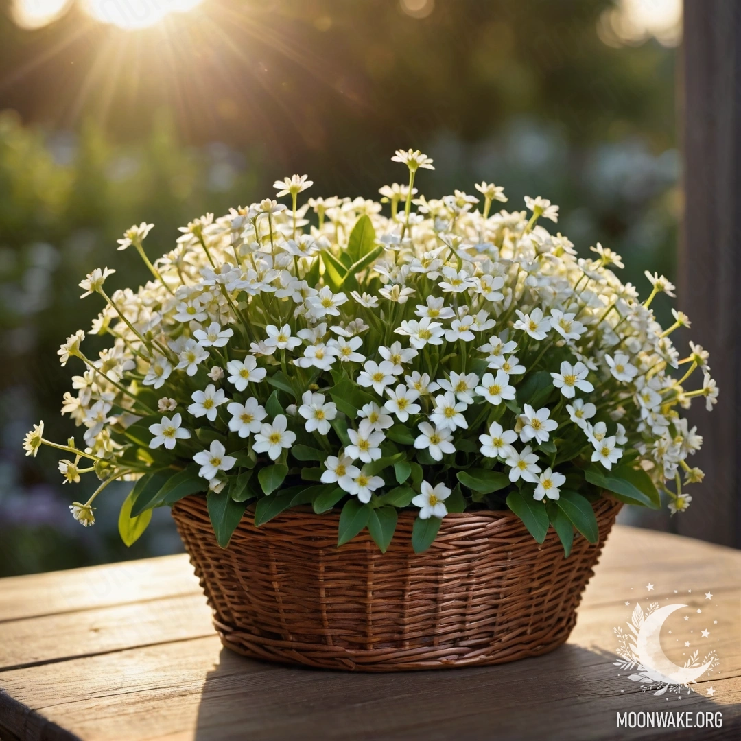 A basket filled with small white flowers on a wooden table during sunset.