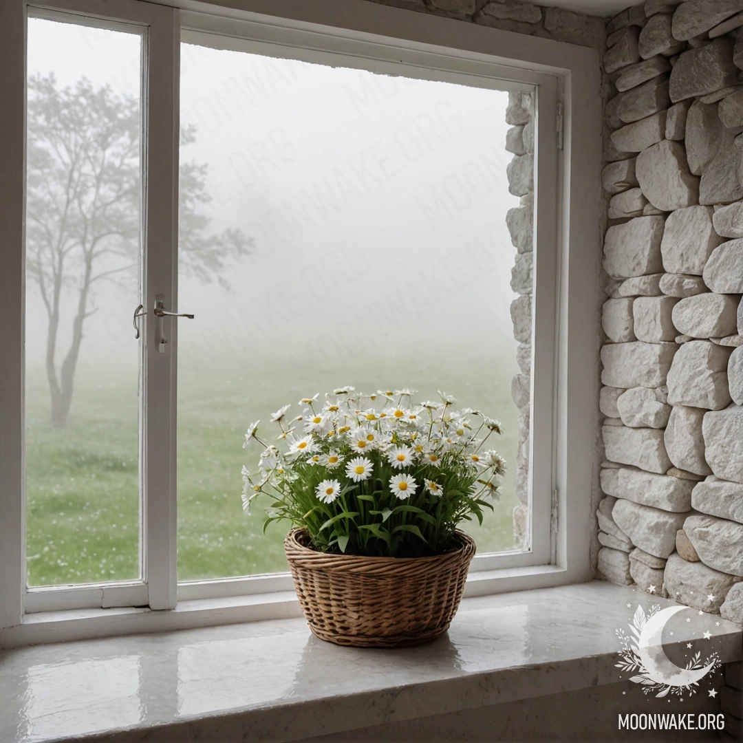 Serene White Stone Wall with Daisies A serene white stone wall with an open window and a basket of daisies on the windowsill, surrounded by dense mist.