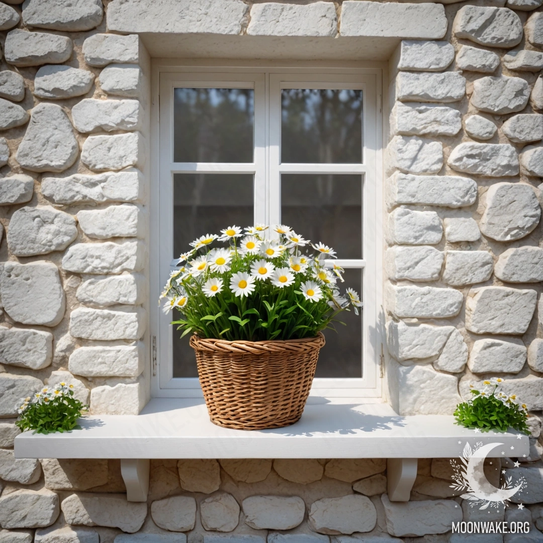A peaceful scene featuring a white stone wall, an open window, and a basket of daisies on the windowsill adorned with garland lights.
