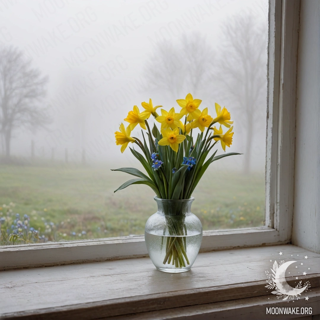 An old wooden window sill with a porcelain vase holding yellow daffodils and blue forget-me-nots, surrounded by dense fog.