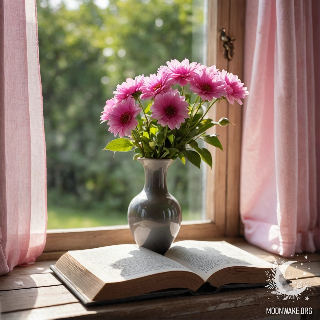 A wooden window sill adorned with a gray vase and pink flowers, next to an old shabby book, framed by a delicate pink curtain filtering soft sunlight.