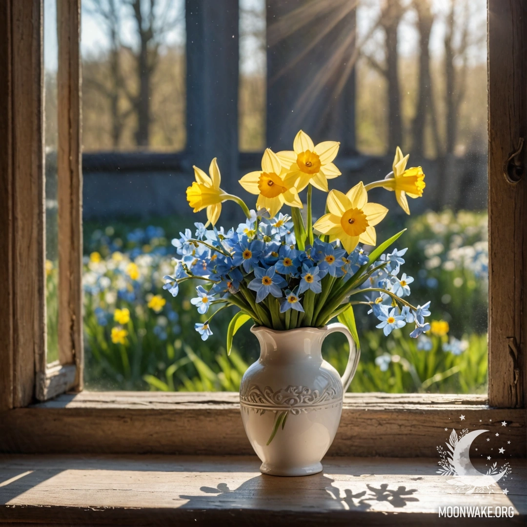 A weathered wooden window sill adorned with a white porcelain vase holding bright daffodils and delicate forget-me-nots, illuminated by gentle sun rays.