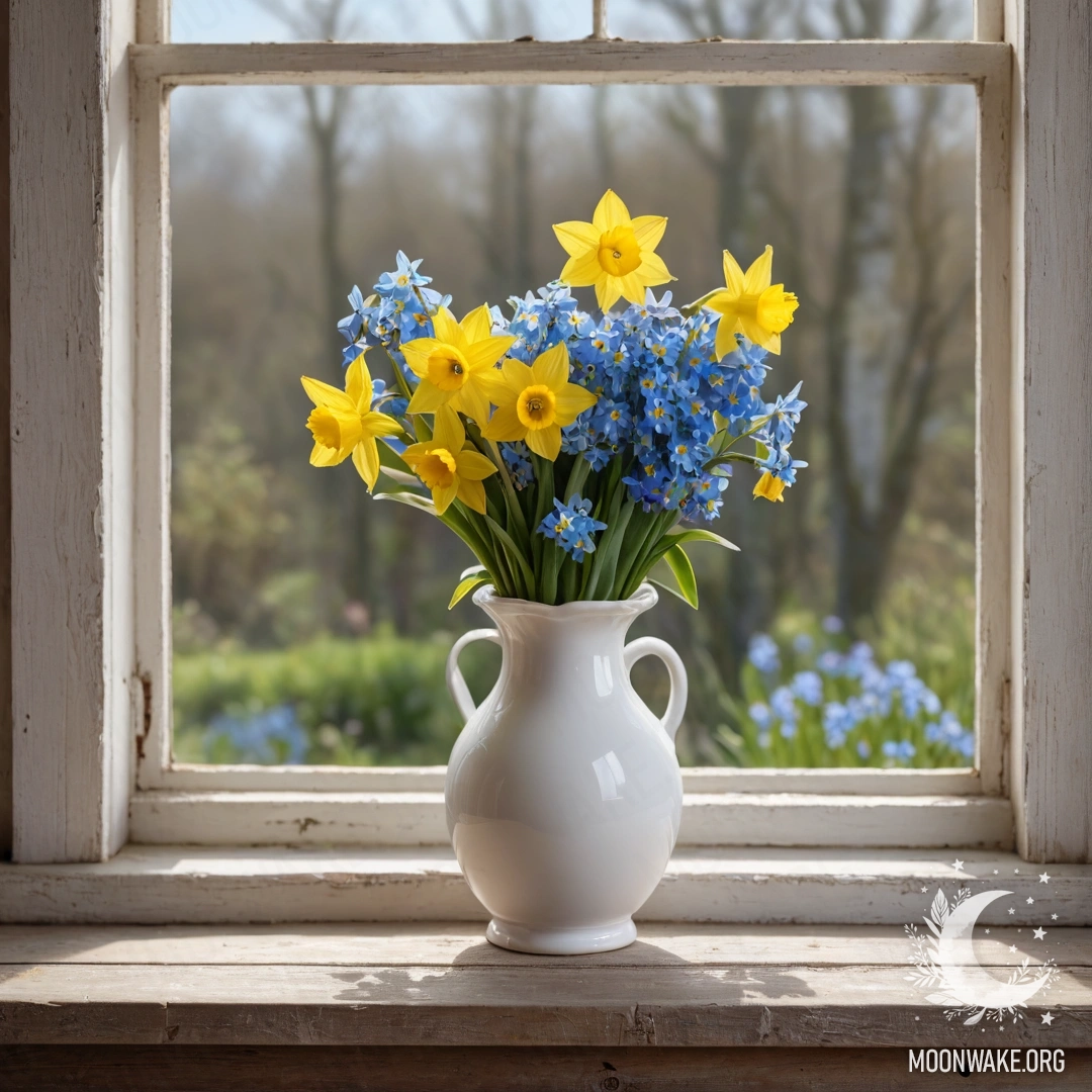 A white porcelain vase with daffodils and forget-me-nots on an old wooden window sill illuminated by garland lights.