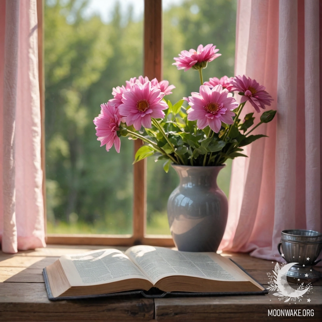 A peaceful wooden window sill featuring an old book and a gray vase with pink flowers, illuminated by sunlight through a pink curtain.