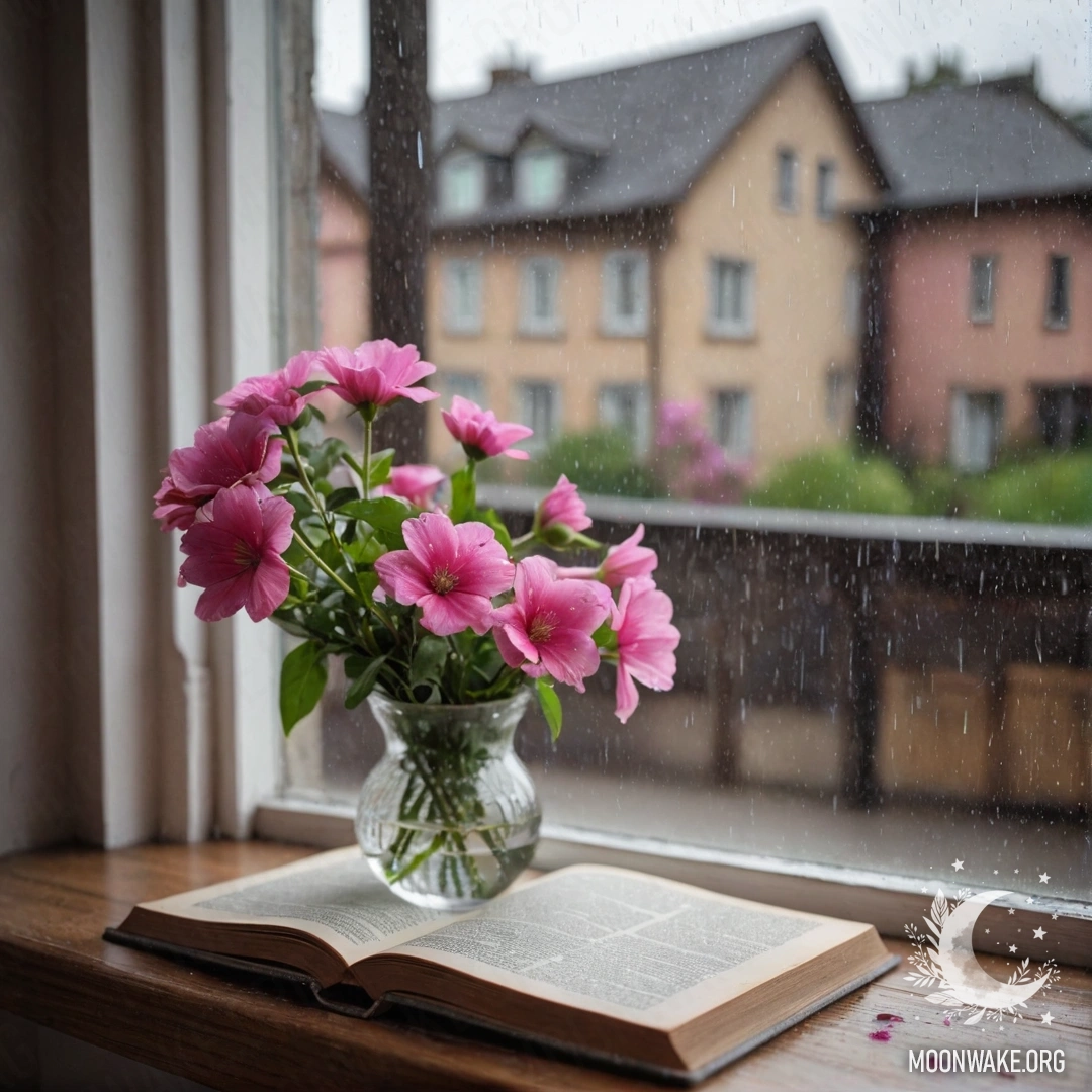 A wooden window sill with an old book, a gray vase with pink flowers, and a pink curtain, seen in the rain.