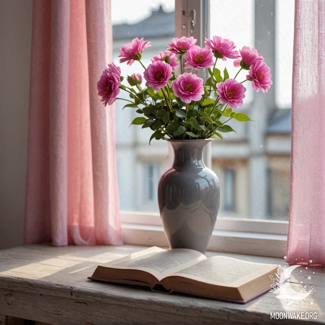 A wooden window sill with an old book, a gray vase holding pink flowers, and a pink curtain partially illuminated by sun rays.