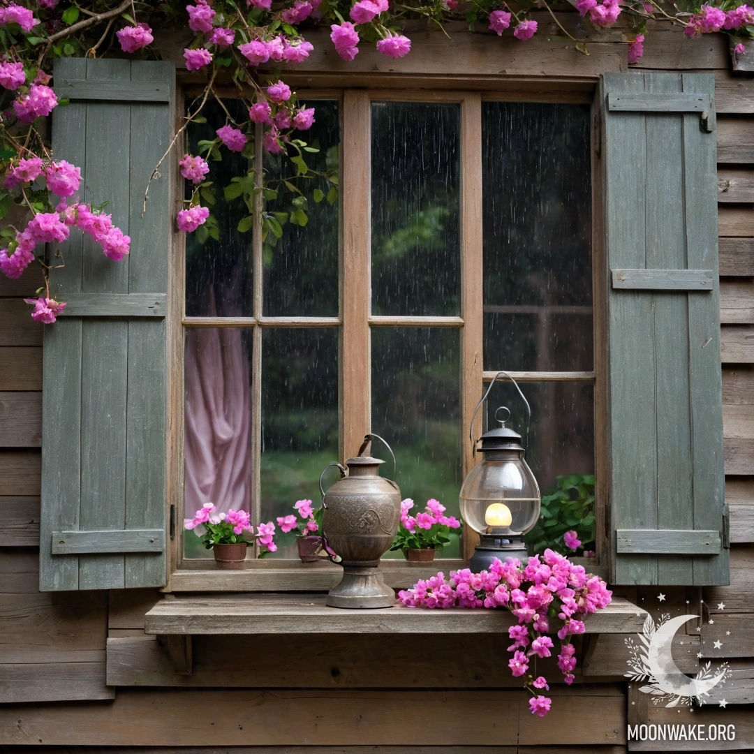 A shabby wooden window with shutters, adorned with pink flowers and a hanging kerosene lamp, during rainfall.