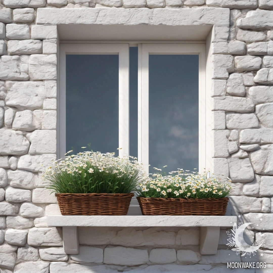 A peaceful scene featuring a white stone wall, an open window, and a basket of daisies on the windowsill.