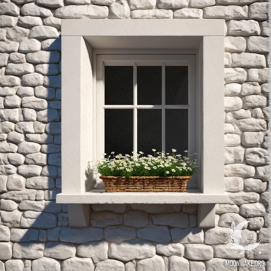 A sweet white stone wall with an open window and a basket of daisies on the windowsill, illuminated by sun rays.