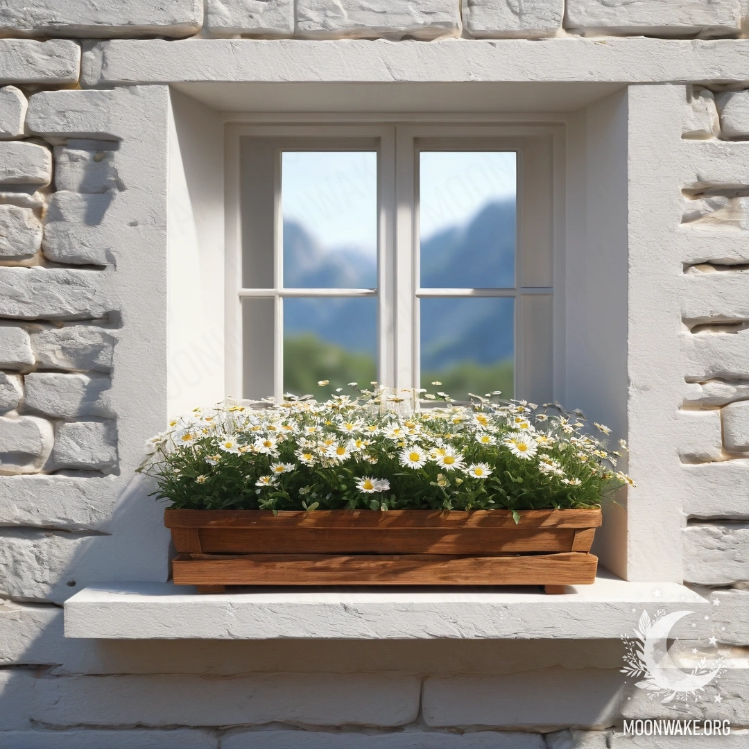Abstract white stone wall with an open window and a basket of daisies on the sill.
