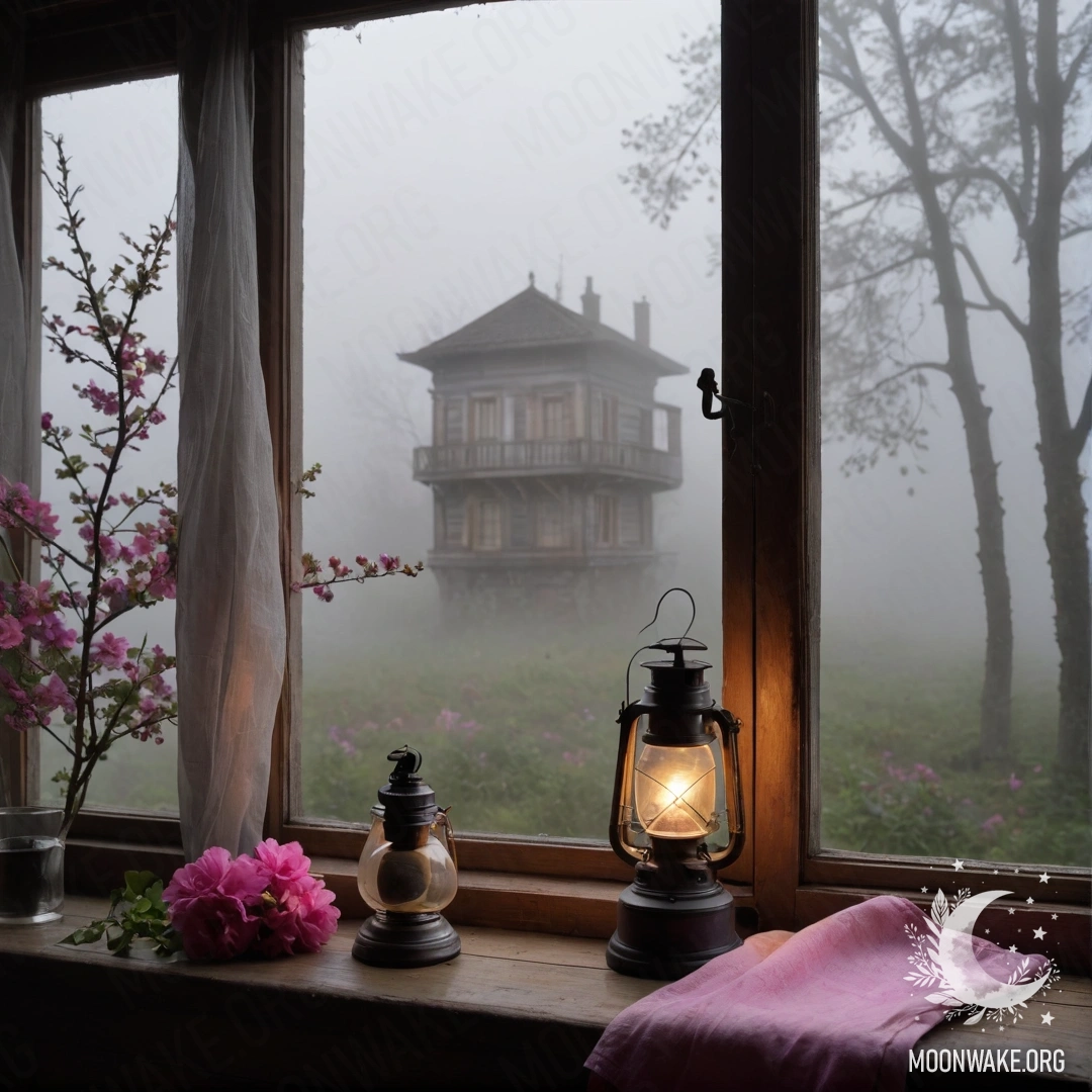 A shabby wooden window with shutters, a kerosene lamp, and pink flowers in fog.