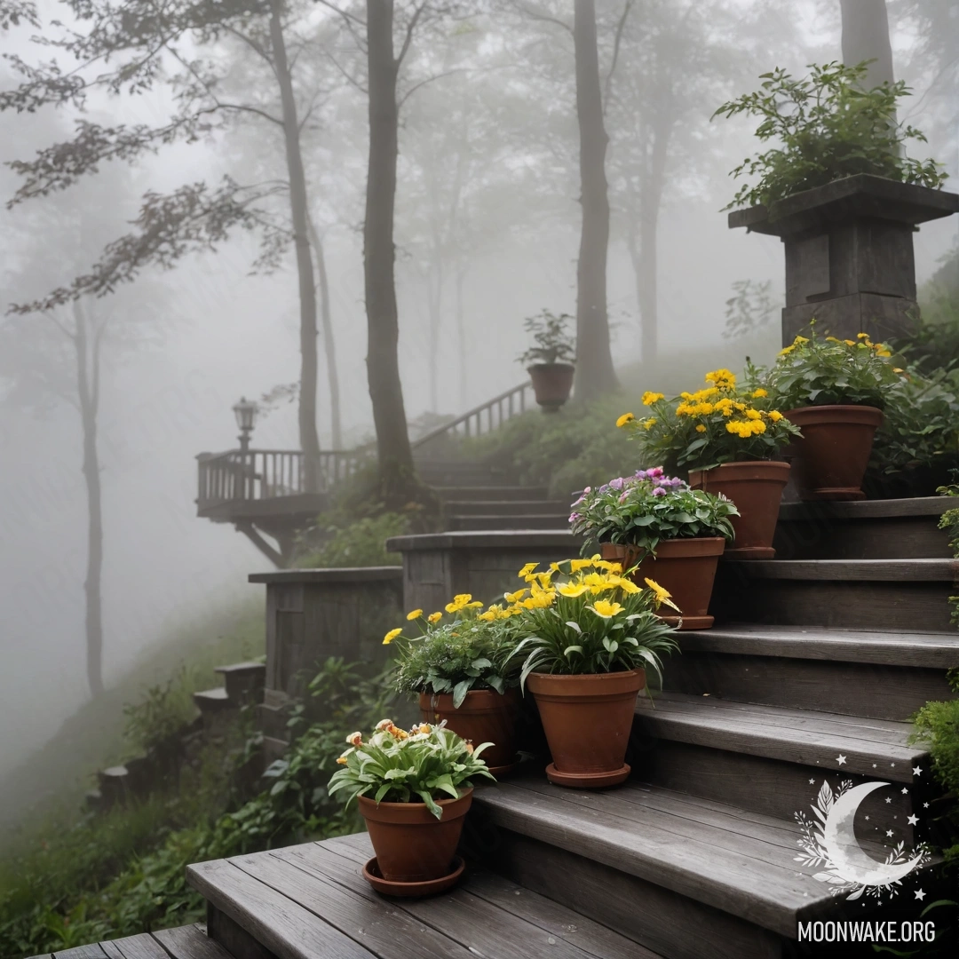 Serene Wooden Staircase with Flowerpots in Fog A serene wooden staircase adorned with flowerpots surrounded by dense fog.