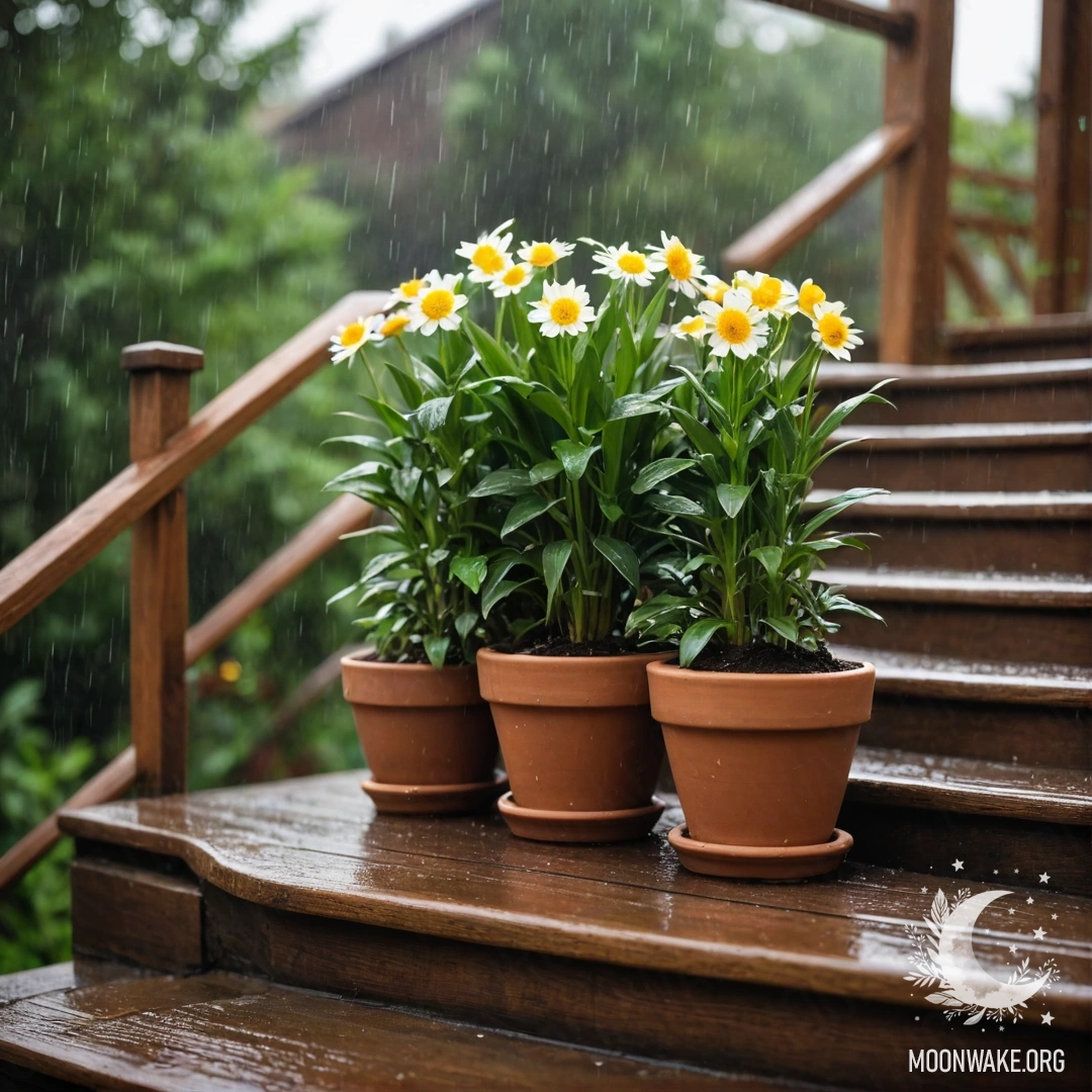 A wooden staircase adorned with flowerpots, bathed in rain.