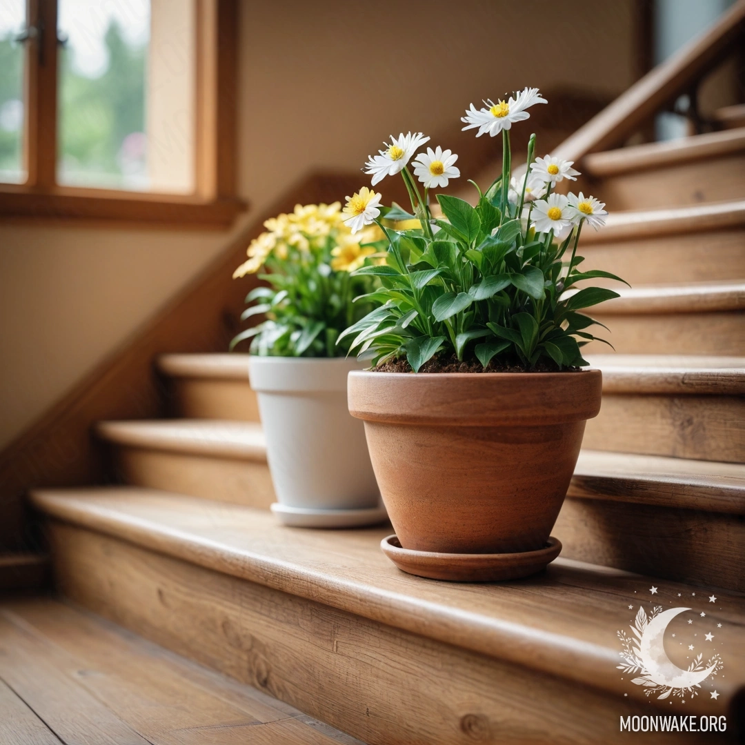 Serene Wooden Staircase with Flowerpots A wooden staircase adorned with flowerpots filled with lenses.