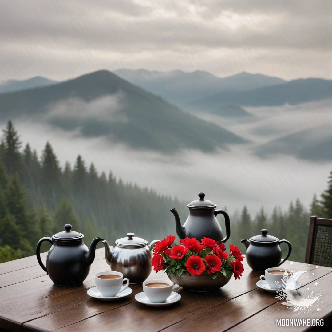 A serene wooden table with a jar of red flowers, a coffee pot, and cups, set against a misty mountainous background.