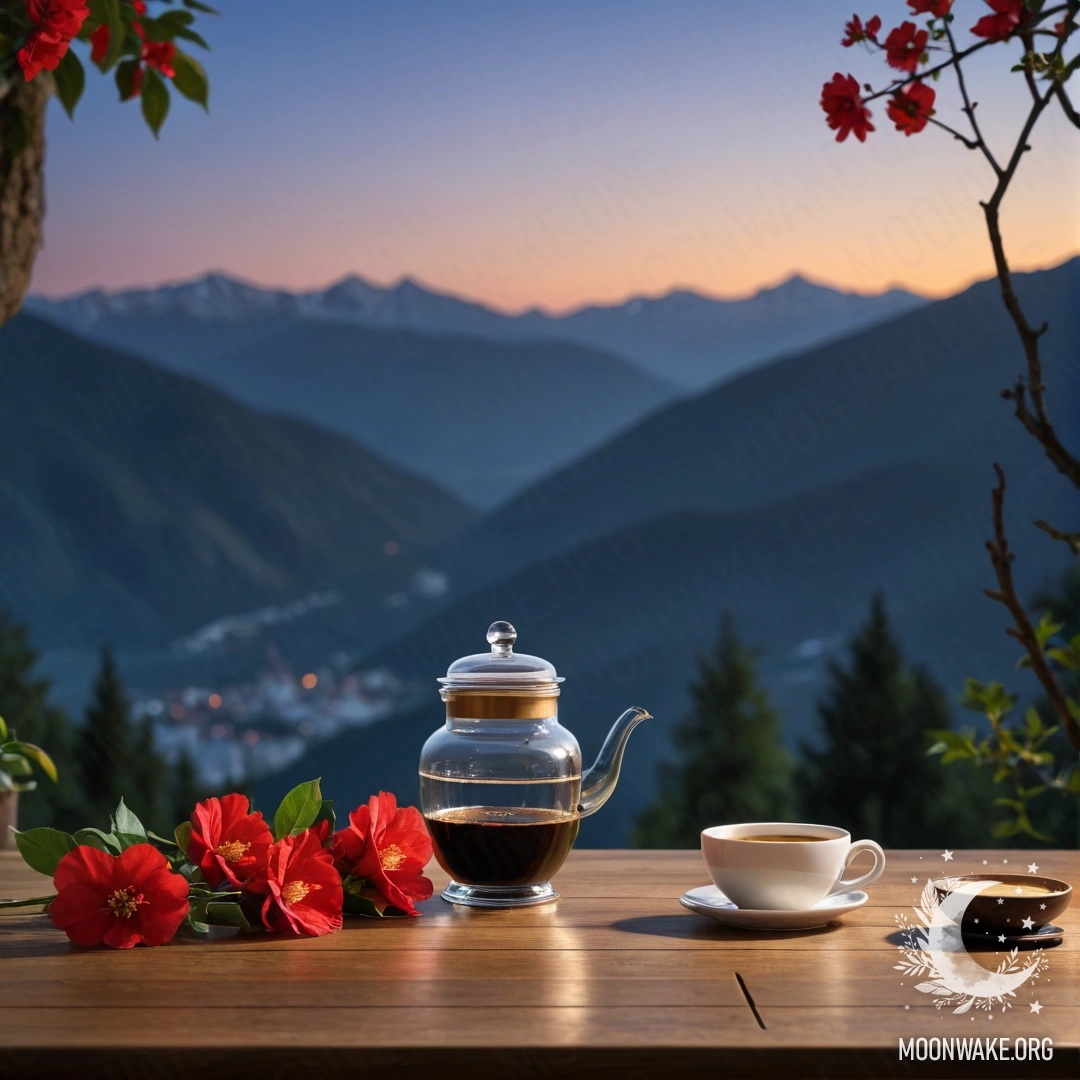 A serene wooden table with a jar of red flowers, coffee pot, and cups set against a mountain backdrop at night.