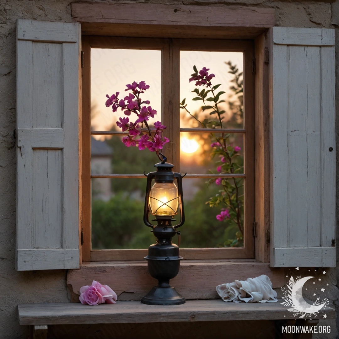 Serene Wooden Window with Pink Blossoms at Sunset A shabby wooden window adorned with pink flowers and a kerosene lamp.