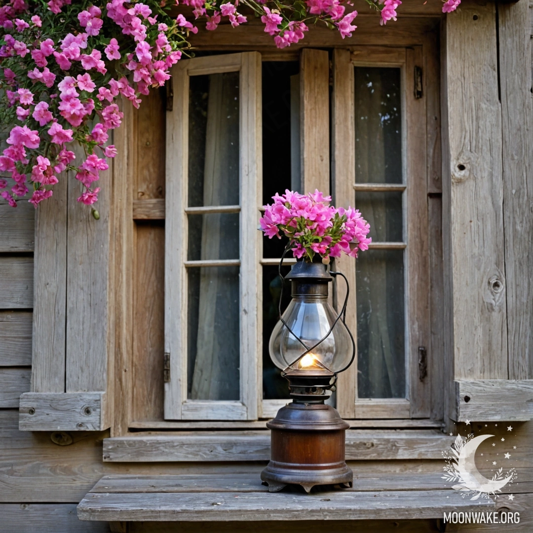 Serene Wooden Window with Pink Blossoms A shabby wooden window with shutters and a kerosene lamp, adorned with curling pink flower branches.