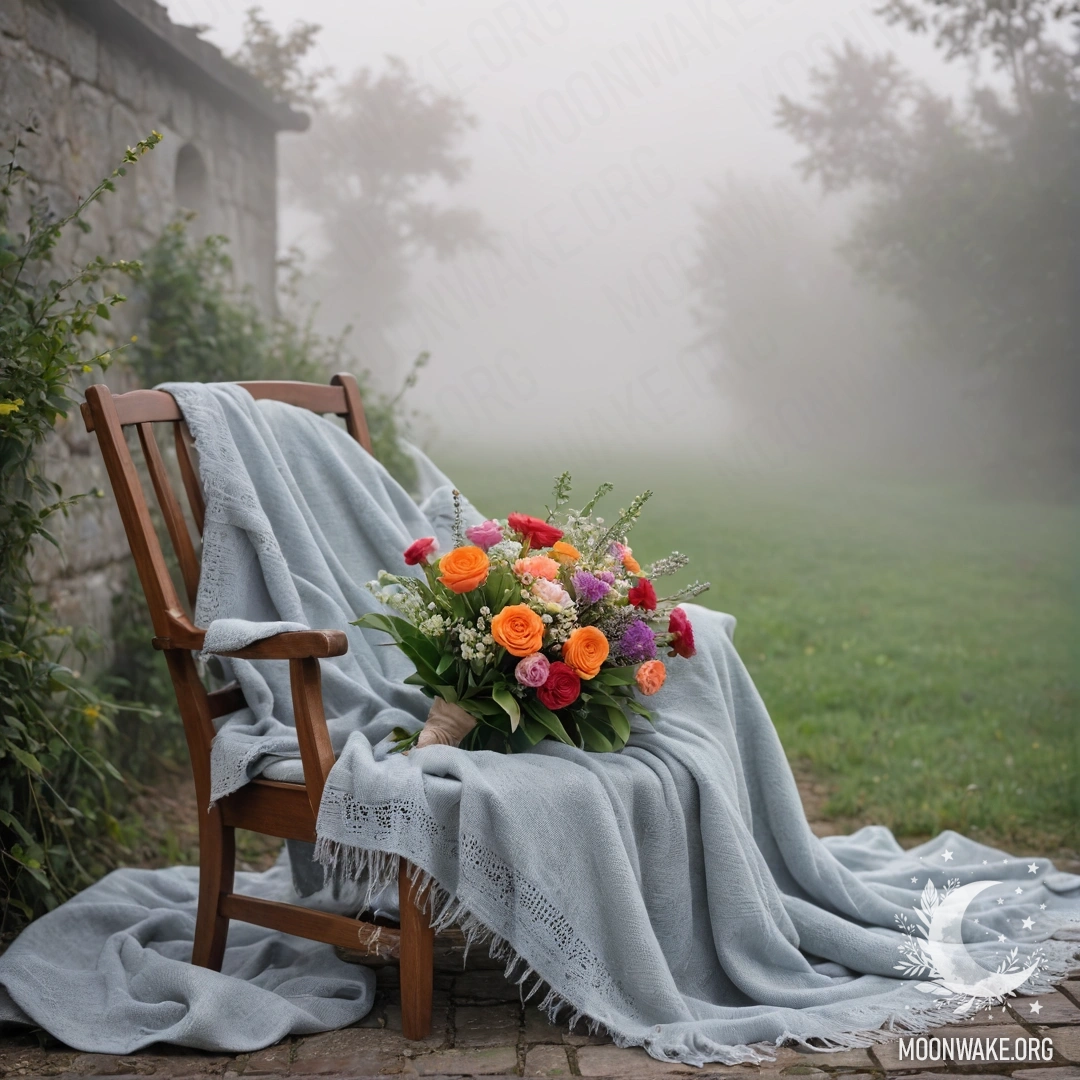 Serenity Amidst Shabby Walls A chair with a blanket and a bouquet of flowers on it against a shabby wall, shrouded in dense fog.