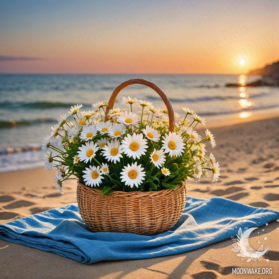 A straw bag with a blue tablecloth and a bouquet of daisies on a sandy beach at sunset, with the sea in the background.