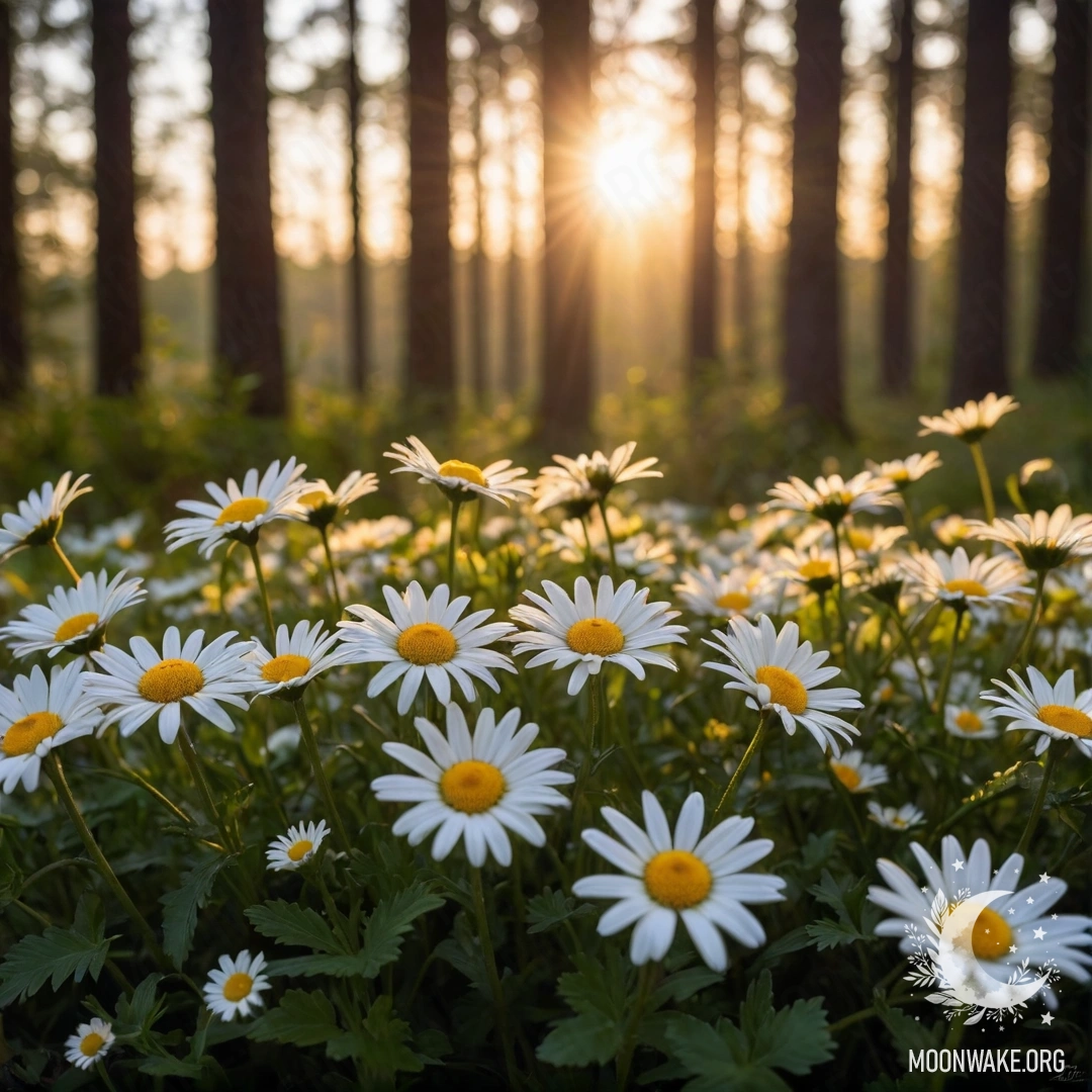Close-up of daisies with soft garland lights in a forest at sunset.