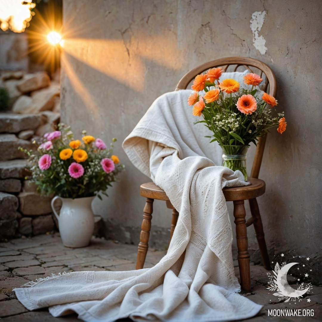 A chair against a shabby wall with a blanket and a bouquet of flowers bathed in sunset light.