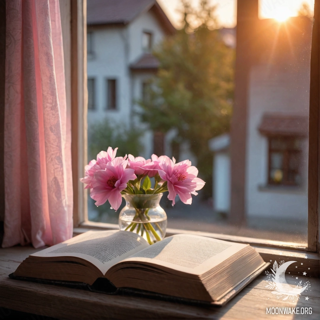 Serenity at Sunset A wooden window sill featuring an old shabby book, a gray vase with pink flowers, and a pink curtain at sunset.