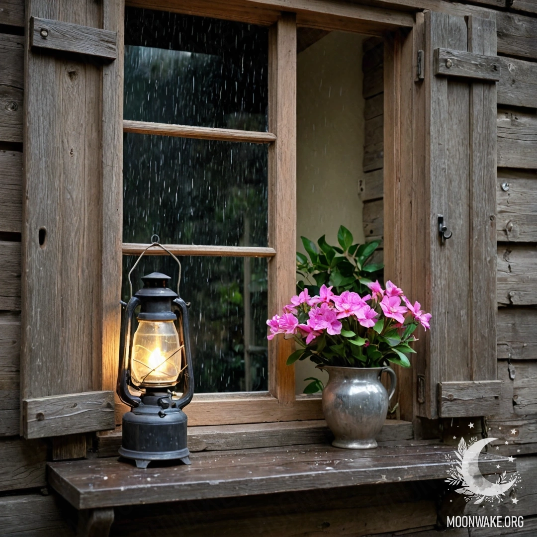 Serenity Behind the Wooden Window A shabby wooden window with pink flowers and a hanging kerosene lamp during rain.